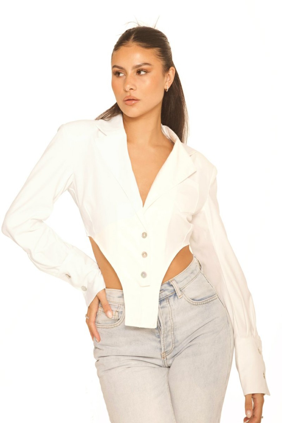 Blouses|Tops LA Sisters | Cropped Shoulder Pad Blouse White