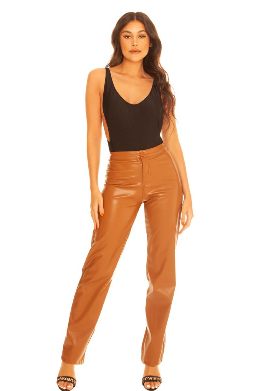 Broeken LA Sisters | Leather Straight Leg Pants Camel