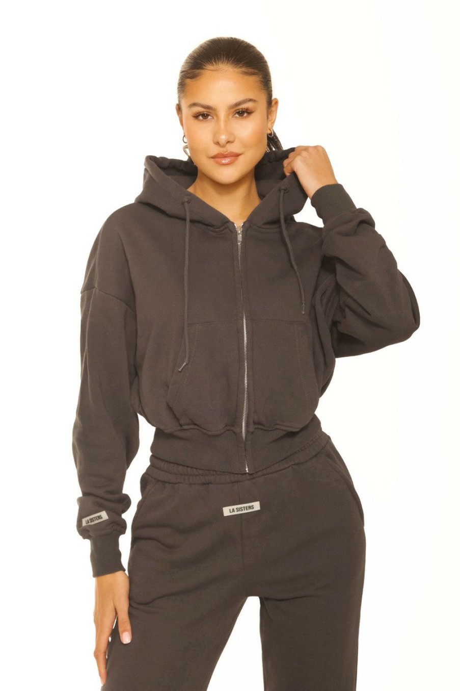 Truien LA Sisters | Essential Cropped Hoodie Dark Grey