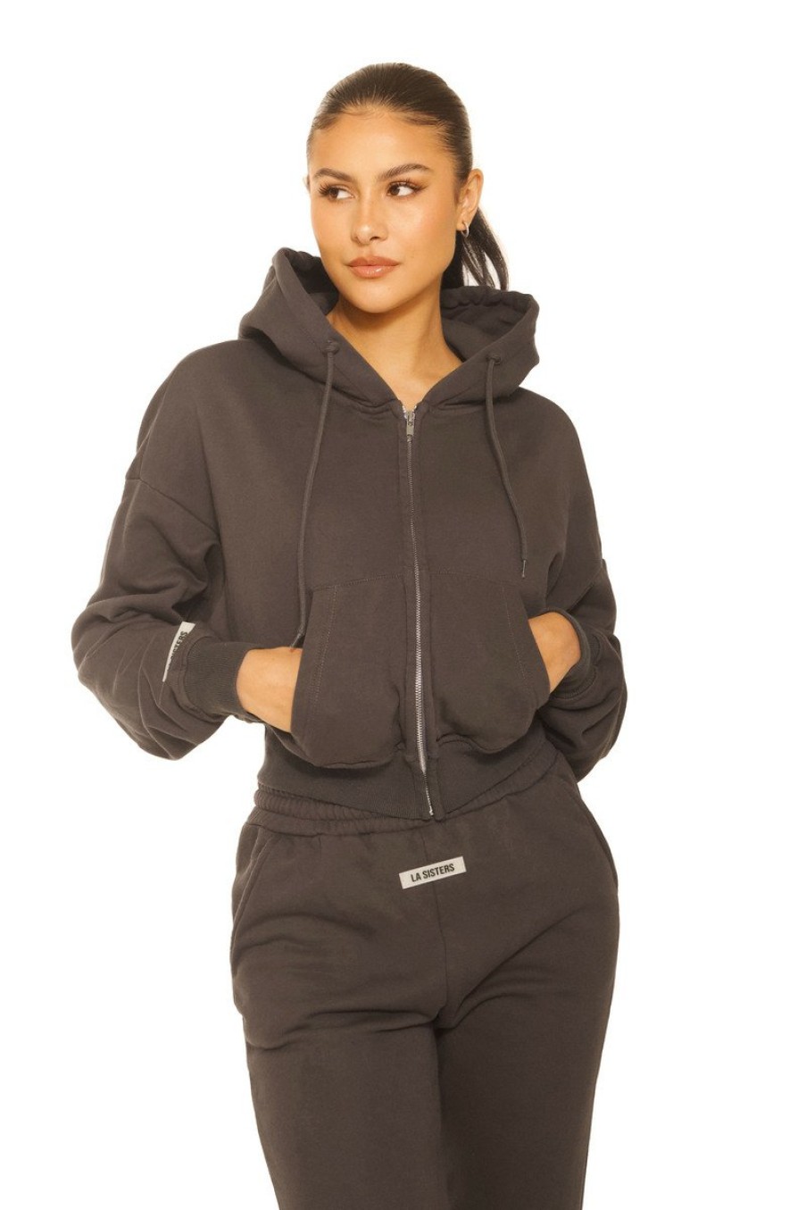 Truien LA Sisters | Essential Cropped Hoodie Dark Grey