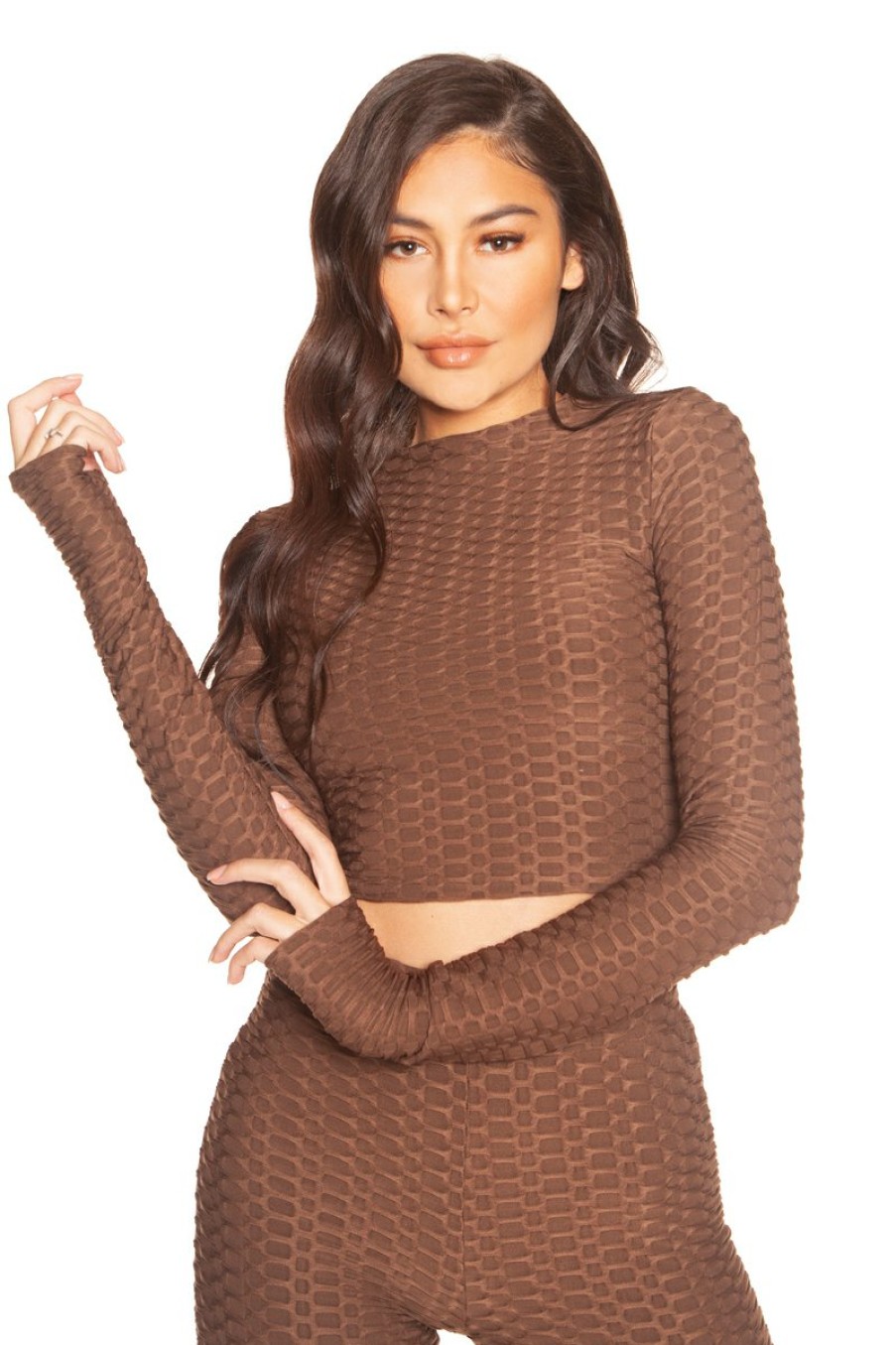 Tops LA Sisters | Honeycomb Long Sleeve Crop Top Brown