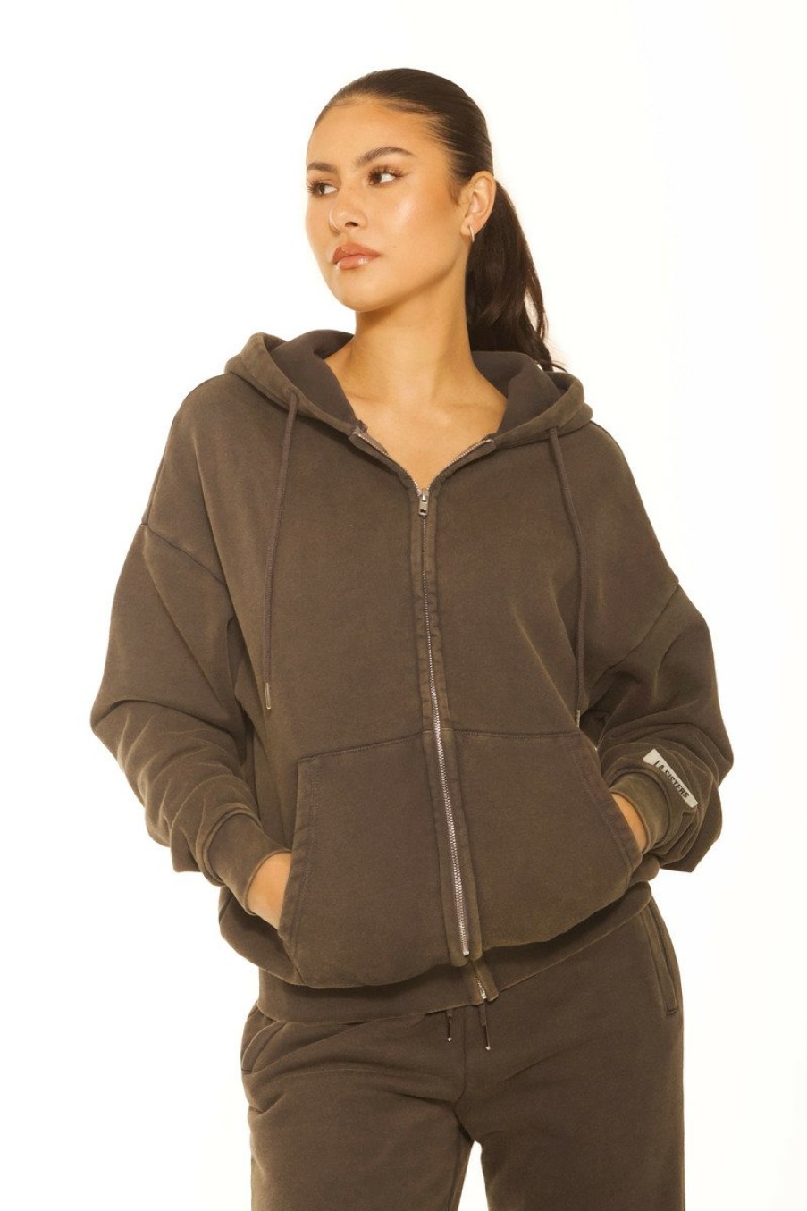 Truien LA Sisters | Vintage Oversized Zipper Hoodie Dark Grey