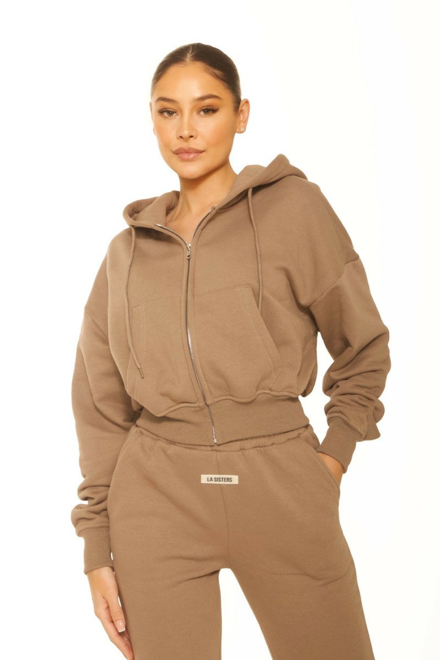 Truien LA Sisters | Essential Cropped Hoodie Taupe