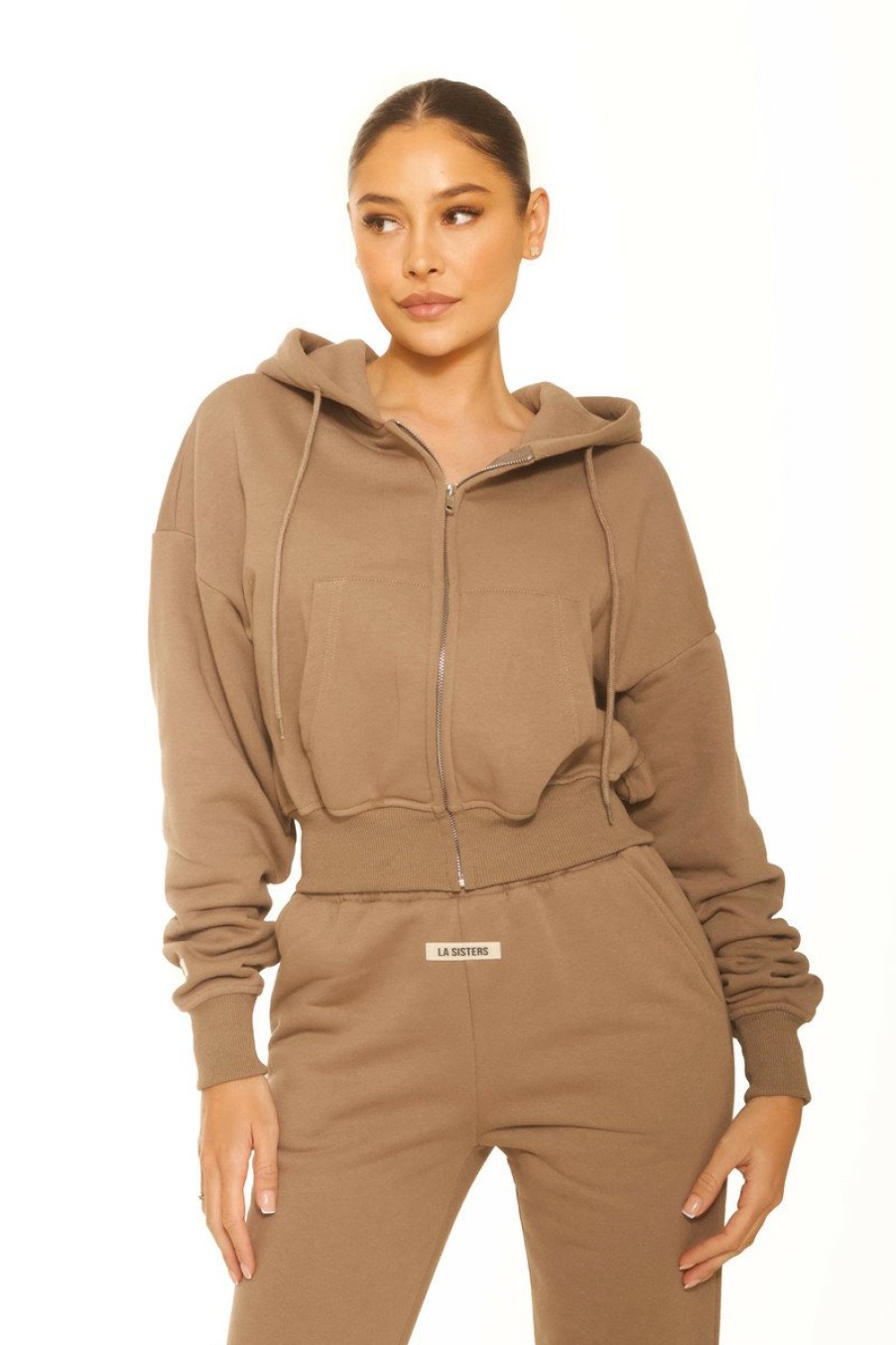 Truien LA Sisters | Essential Cropped Hoodie Taupe