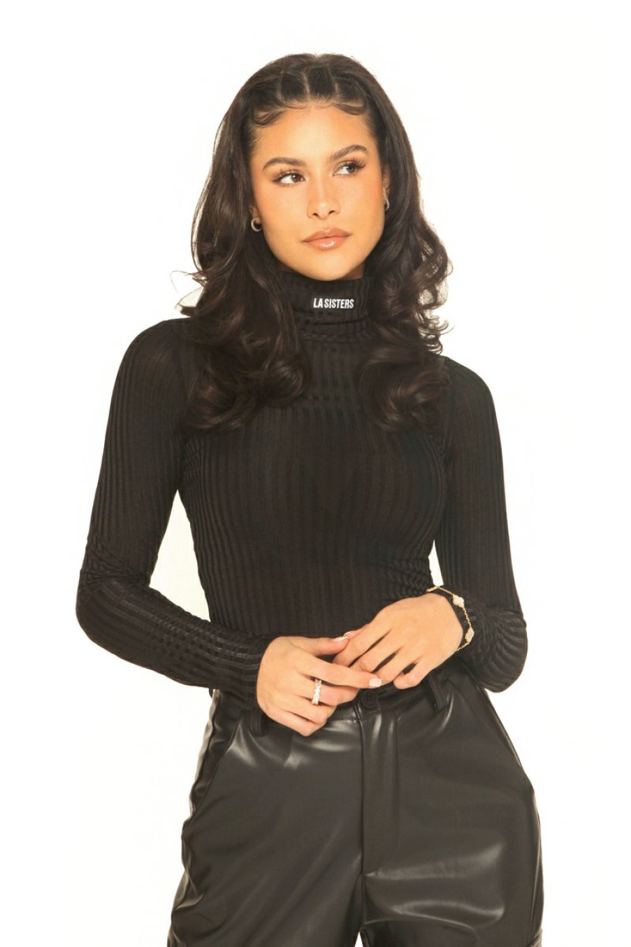 Tops LA Sisters | Ribbed Logo Turtle Neck Top Black