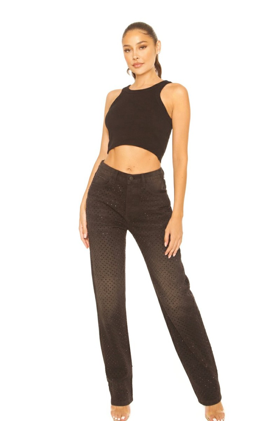 Jeans LA Sisters | Rhinestone Straight Leg Jeans Black