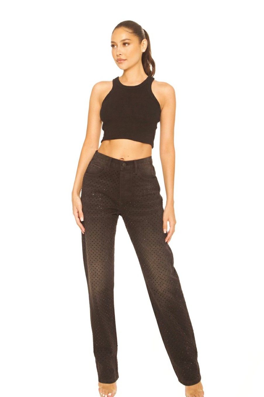 Jeans LA Sisters | Rhinestone Straight Leg Jeans Black