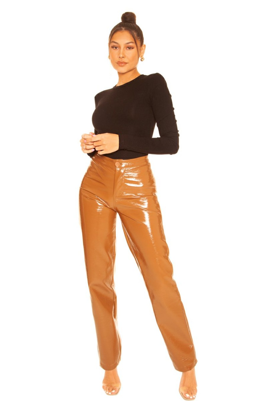 Broeken LA Sisters | Vinyl Straight Leg Pants Camel