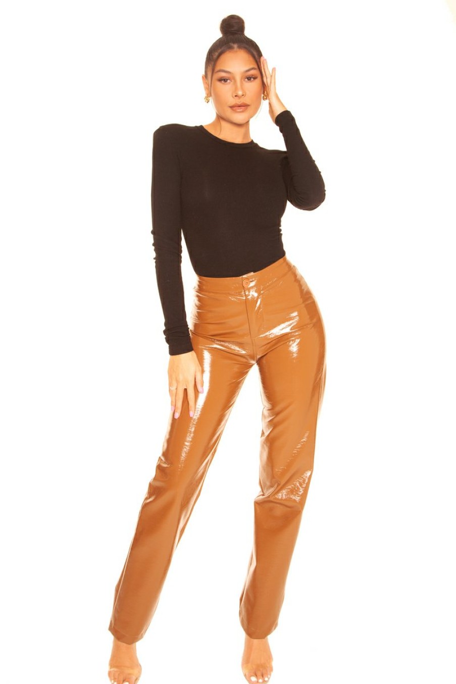 Broeken LA Sisters | Vinyl Straight Leg Pants Camel