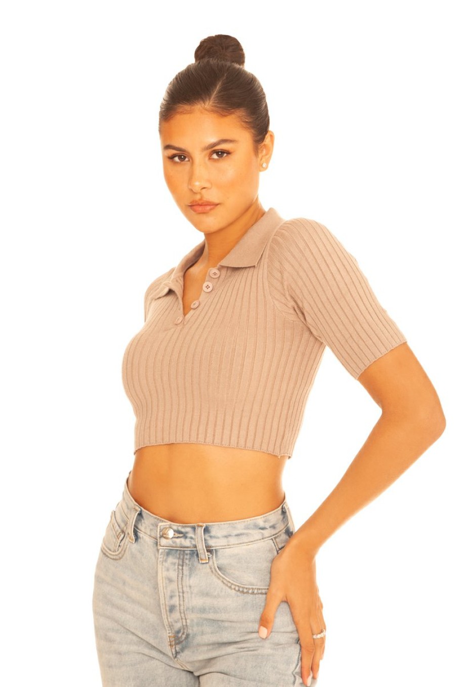 Tops LA Sisters | Knitted Cropped Polo Beige