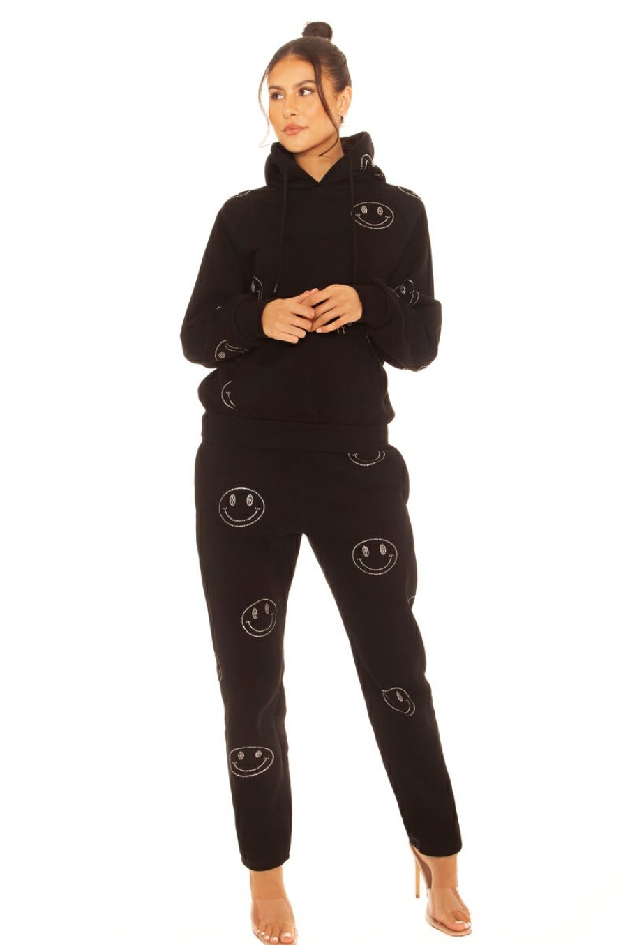 Broeken LA Sisters | Rhinestone Smiley Sweatpants Black