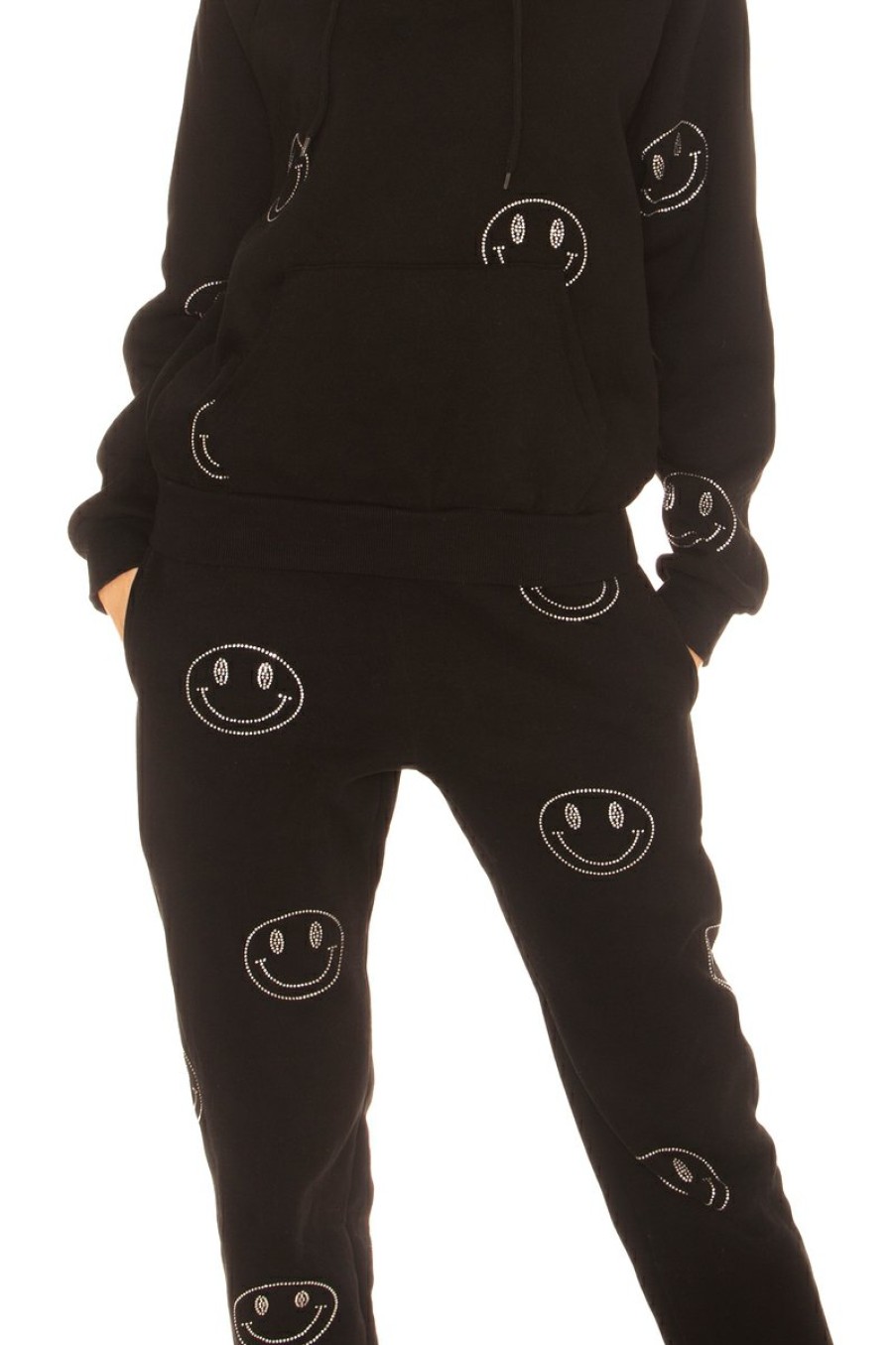 Broeken LA Sisters | Rhinestone Smiley Sweatpants Black