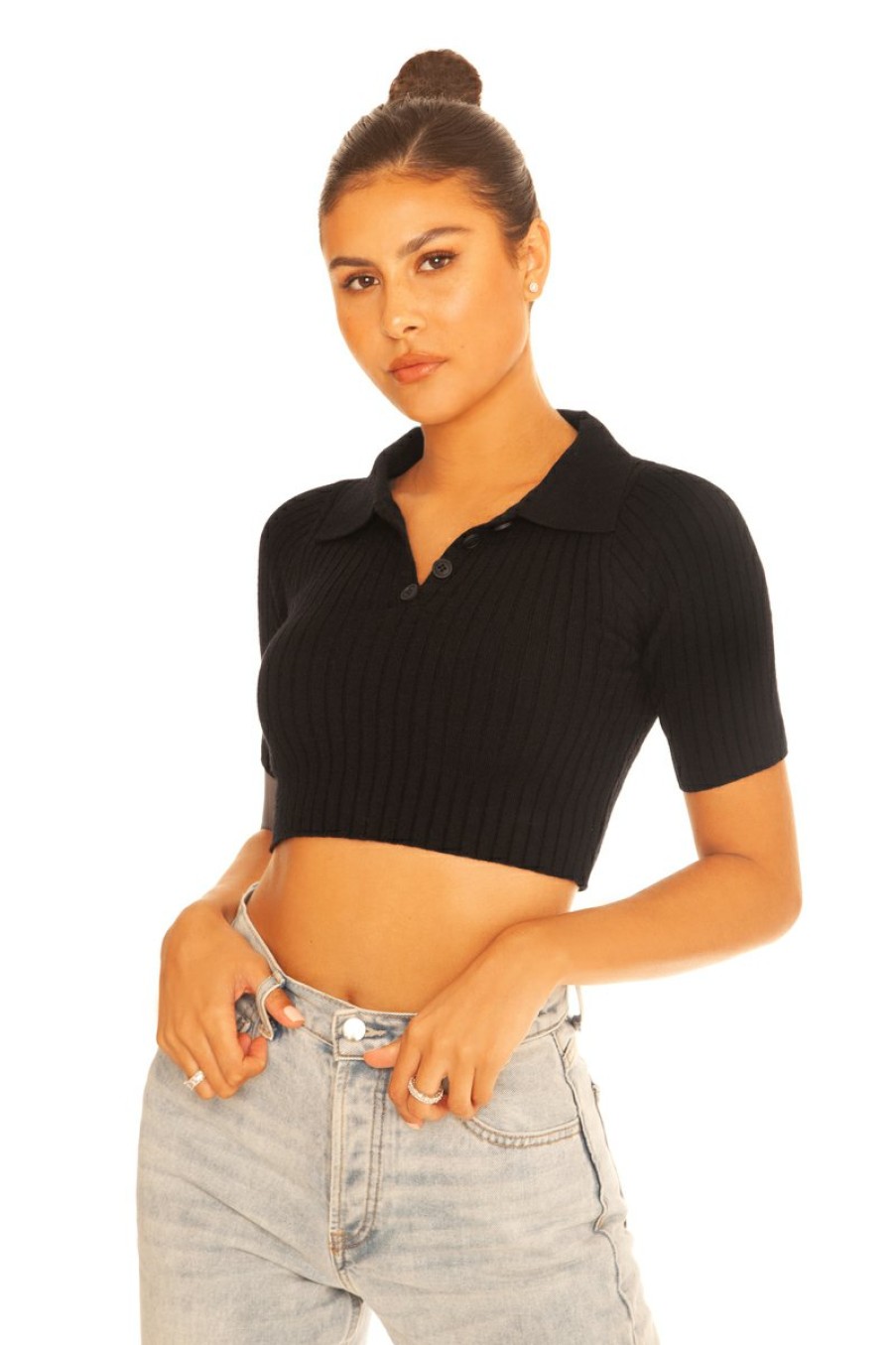 Tops LA Sisters | Knitted Cropped Polo Black