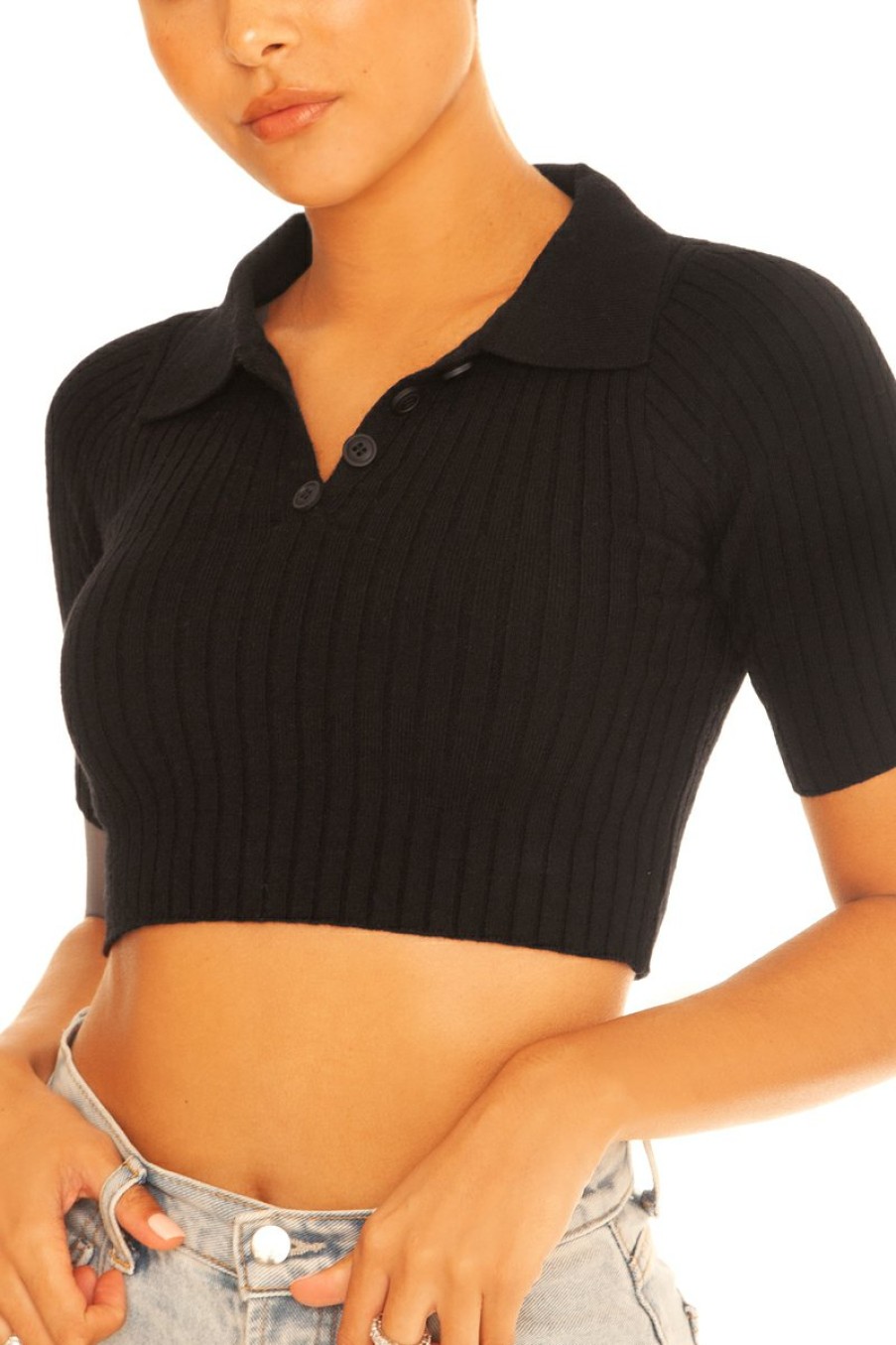 Tops LA Sisters | Knitted Cropped Polo Black