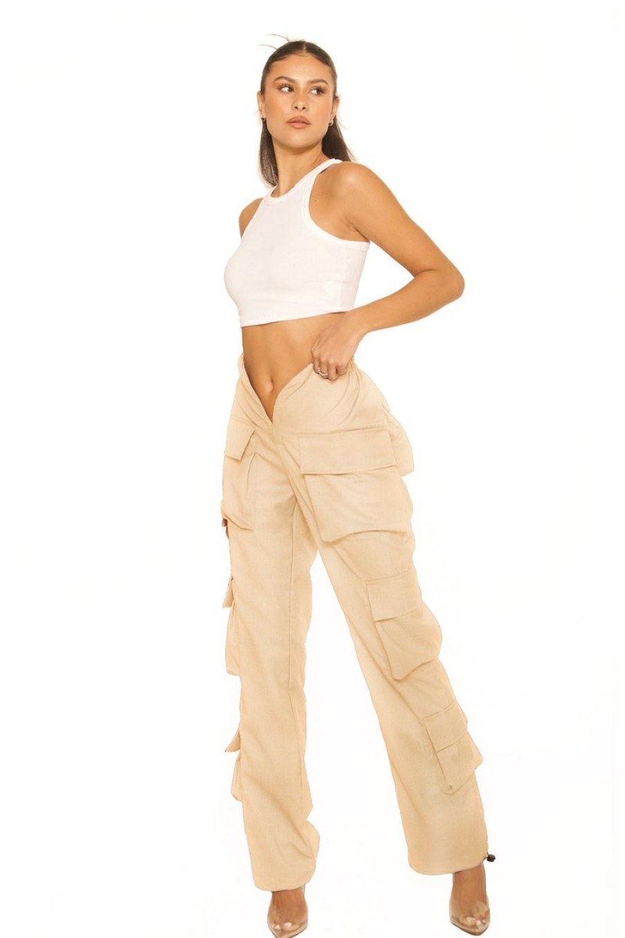 Broeken LA Sisters | Front Split Cargo Pants Beige