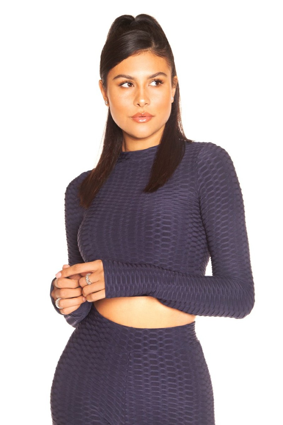 Tops LA Sisters | Honeycomb Long Sleeve Crop Top Navy