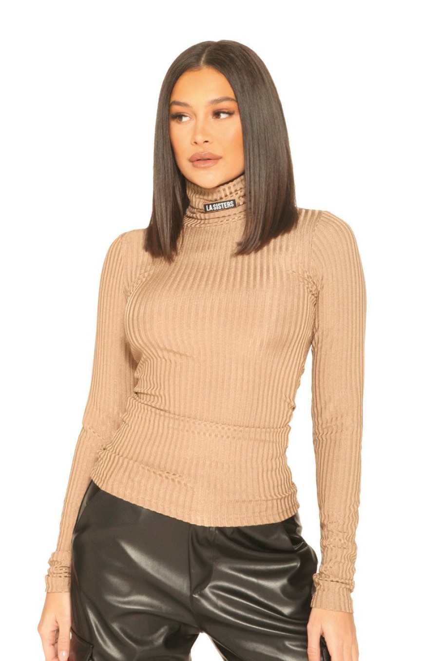 Tops LA Sisters | Ribbed Logo Turtle Neck Top Beige