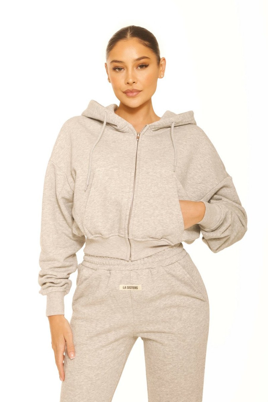 Truien LA Sisters | Essential Cropped Hoodie Light Grey